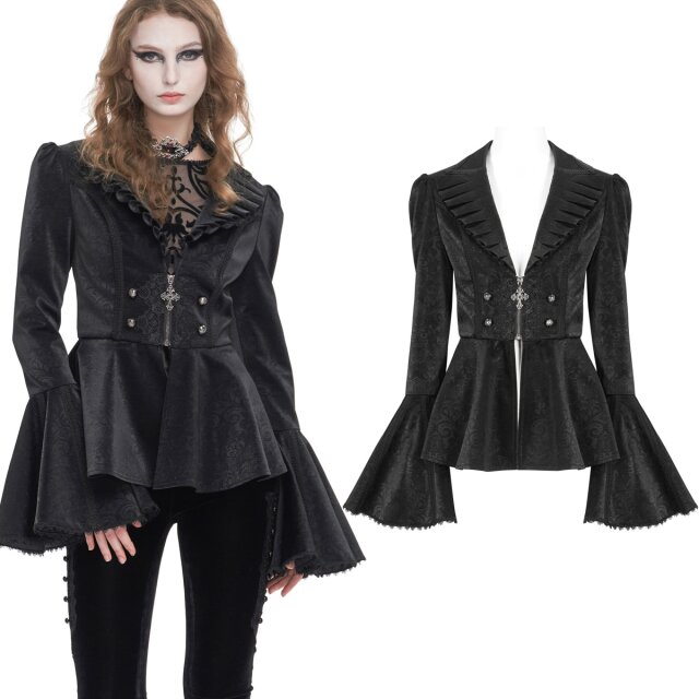 Dunkelromantische Devil Fashion Gothic-Schößchenjacke (CT211) mit weiten Trompetenärmeln aus gummiertem Kunstleder mit dezentem Ornament-Muster