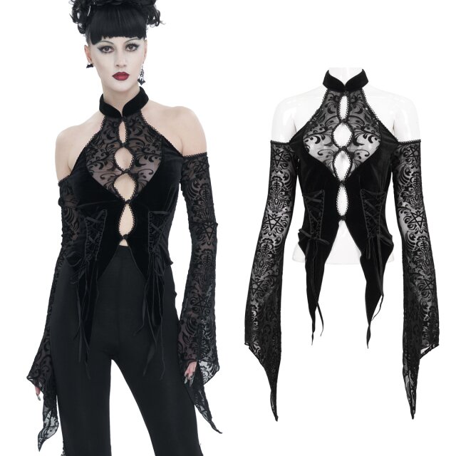Dark romantic Devil Fashion Off-Shoulder (TT239) Gothic shirt with halterneck, a tipped front hem made of velvet and long sleeves as well as a back made of transparent flocked mesh