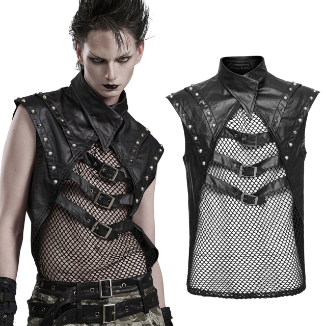 PUNK RAVE sleeveless gothic post-apocalypse mens shirt (WT-824) made of mesh and jersey material with large faux-leather appliqués on the shoulders with studs, straps and buckles