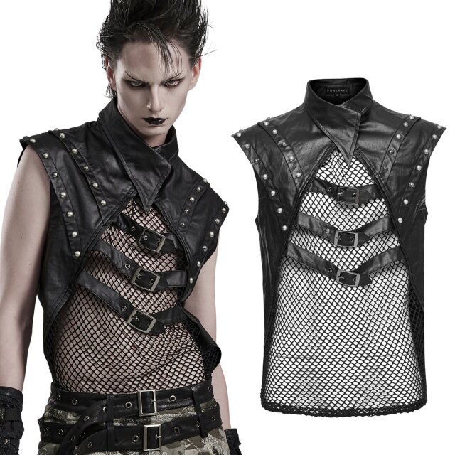 PUNK RAVE ärmelloses Gothic Postapokalypse Herrenshirt (WT-824) aus Netz- und Jersey-Material mit großen Kunstlederaufsätzen auf den Schultern mit Nieten, Riemen und Schnallen