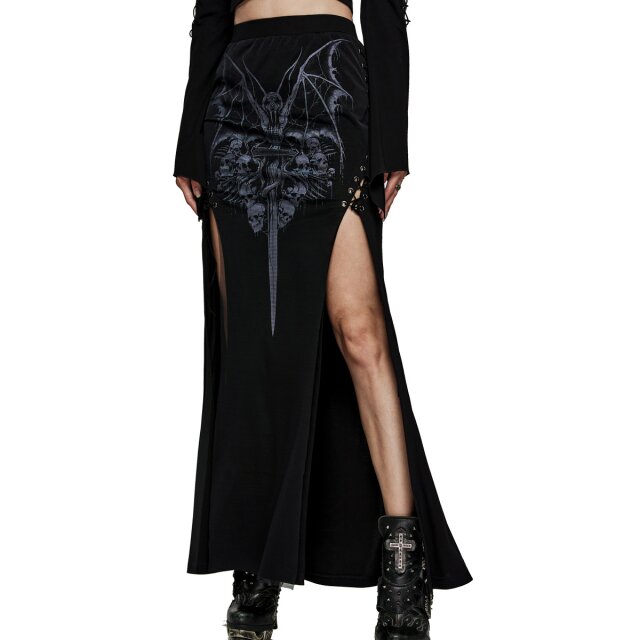 Long slim PUNK RAVE skirt Worshipped Hecate with skull print