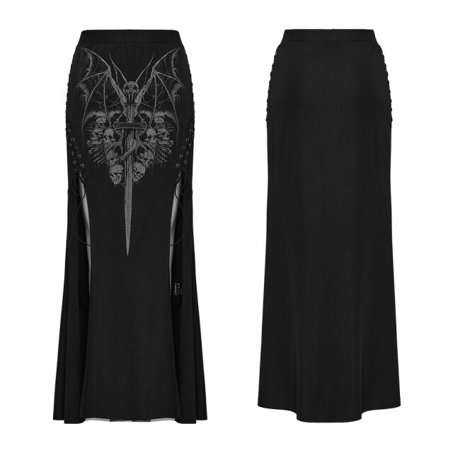 Long slim PUNK RAVE skirt Worshipped Hecate with skull print