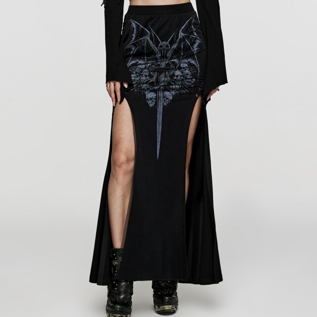 Long slim PUNK RAVE skirt Worshipped Hecate with skull print