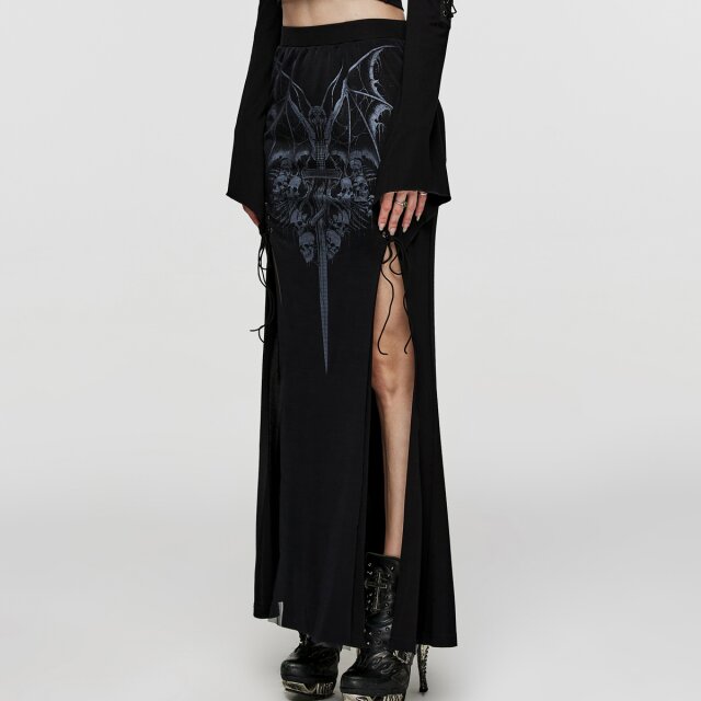 Long slim PUNK RAVE skirt Worshipped Hecate with skull print
