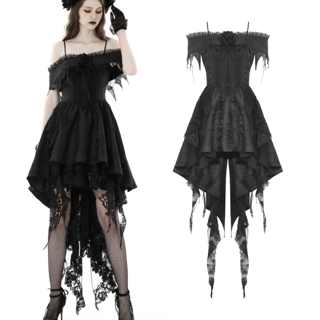 Dark In Love hi-low strap dress (DW822) with detachable stole with flower and tattered fringing for a mystically sweet witchcraft look
