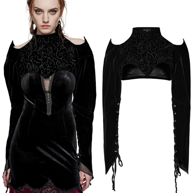 PUNK RAVE Victorian bolero jacket (Y-1522BK) made of velvet, with a subtle baroque ornamental pattern, open at the shoulders with refined lace and laced puff sleeves. With zip at the front