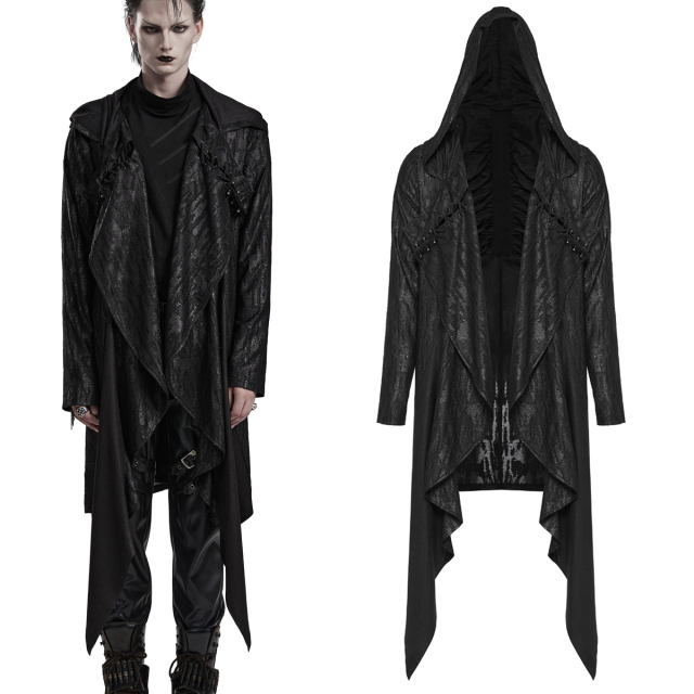 PUNK RAVE Gothic tipped jacket (WY-1086) in a shredded look with XXL hood for a daring post-apocalypse style