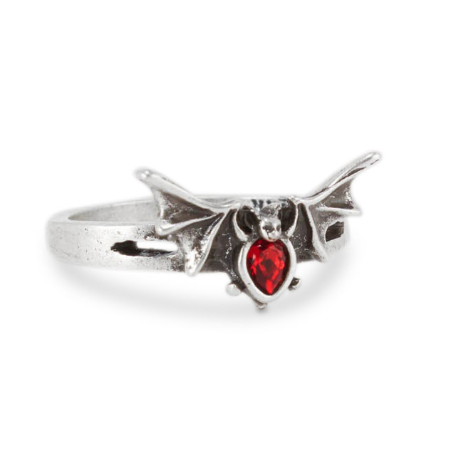 KILLSTAR Vamp Bat Ring - zauberhafter silberfarbener Gothic Ring mit Antik-Finish einer detailverliebt geformten Fledermaus und einem blutroten Stein