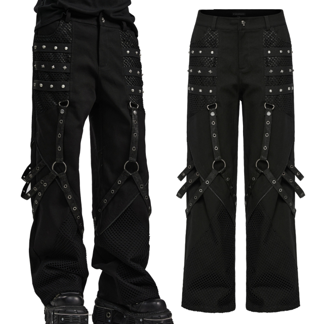 Gothic bondage trousers (WK-602BK) by Punk Rave in a wide relaxed fit cut with leather-look straps, O-rings and net panels for an unusual punk or gothic style.