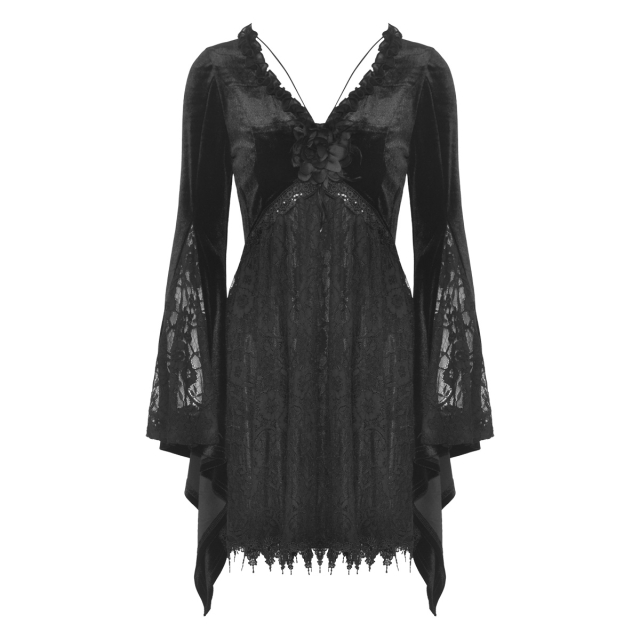 Amourelle long-sleeved gothic mini dress in lace & velvet with flower