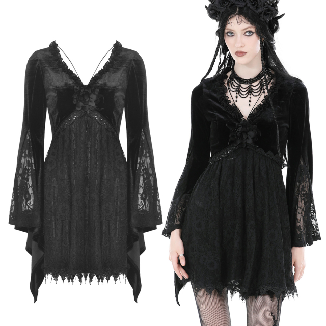 Dark In Love babydoll gothic mini dress (DW880) made of velvet and lace with a deep V-neckline and large fabric flower, wide swinging flared sleeves as well as frills and lace trim