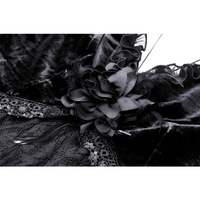 Amourelle long-sleeved gothic mini dress in lace & velvet with flower