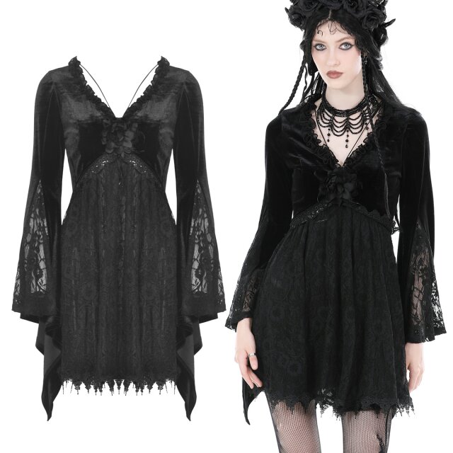 Dark In Love Babydoll Gothic Minikleid (DW880) aus Samt und Spitze mit tiefem V-Ausschnitt und großer Stoffblüte, weit schwingenden ausgestellten Ärmeln sowie Rüschen und Spitzenborte