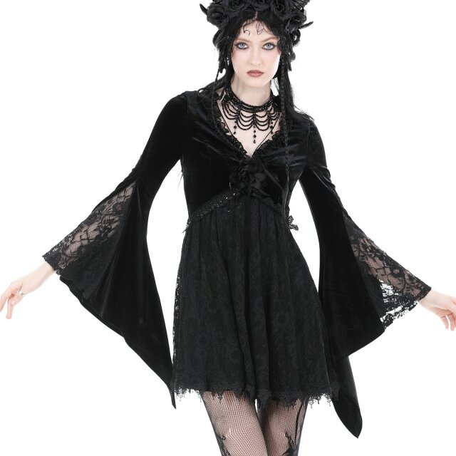 Langarm Gothic Minikleid In love with Velvet aus Spitze & Samt mit Blüte