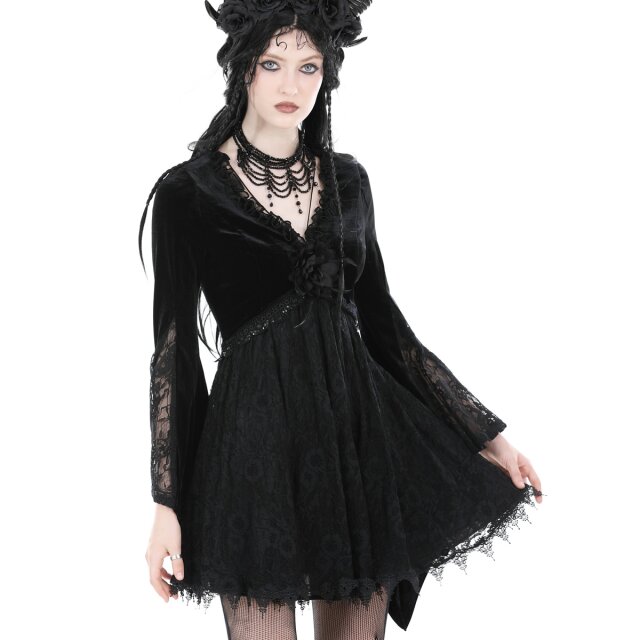 In love with Velvet long-sleeved gothic mini dress in lace & velvet with flower