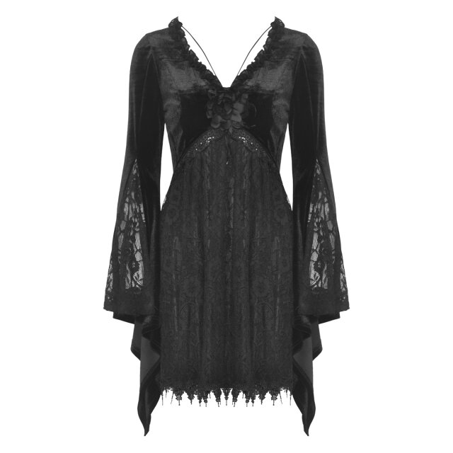 In love with Velvet long-sleeved gothic mini dress in lace & velvet with flower