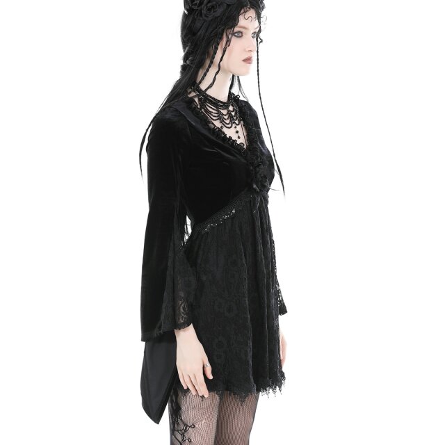 In love with Velvet long-sleeved gothic mini dress in lace & velvet with flower