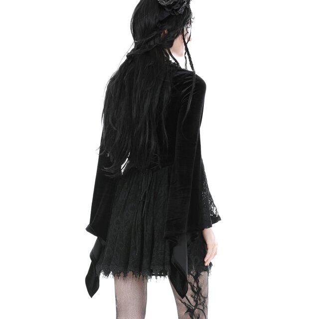 In love with Velvet long-sleeved gothic mini dress in lace & velvet with flower
