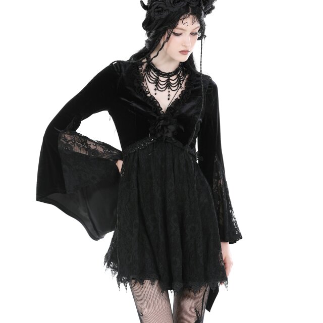 In love with Velvet long-sleeved gothic mini dress in lace & velvet with flower