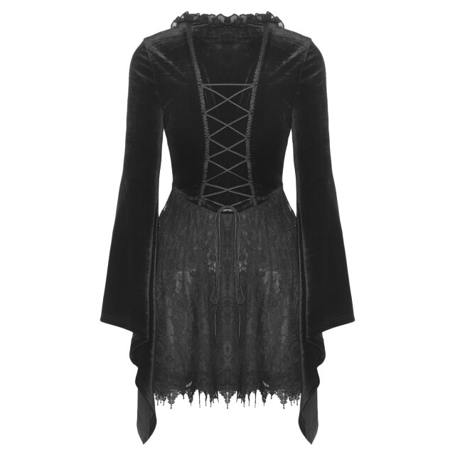 In love with Velvet long-sleeved gothic mini dress in lace & velvet with flower