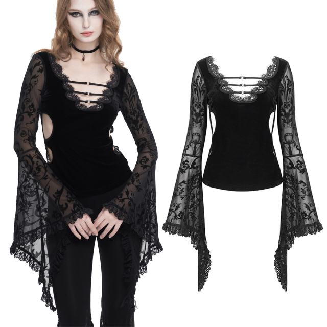 Devil Fashion Gothic blouse shirt (TT258) made of velvet and flocked mesh with tendrils and occult patterns, a deep V-neckline, cut-outs at the side and extra-long flared XXL trumpet sleeves with a lace ruffle
