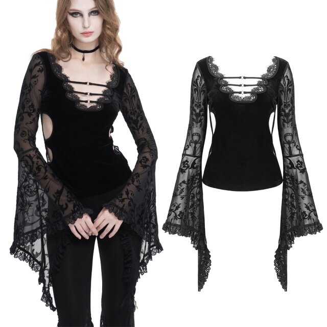 Devil Fashion Gothic Blusenshirt (TT258) aus Samt und beflocktem Mesh mit Ranken und okkulten Mustern, tiefem V-Ausschnitt, Cut-Outs an der Seite sowie überlangen ausgestellten XXL-Trompetenärmeln mit Spitzenrüsche