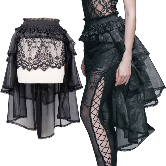 Verführerisch transparenter schwarzer Gothic-Burlesque Spitzen Minirock mit Schleppe. Marke: Devil Fashion