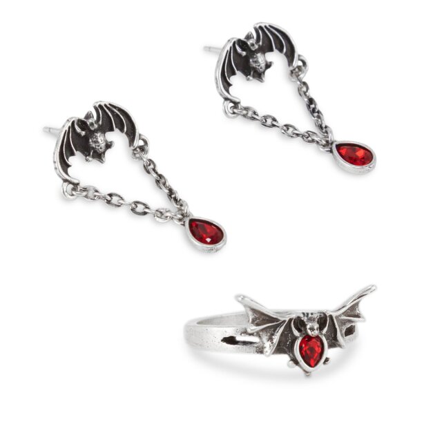 Two KILLSTAR pieces of jewellery for bat fans in a set: the Vamp Bat ring and the Vamp Bat earrings with red stone in an affordable savings set