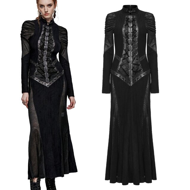 Langes Punk Rave Kleid im Post-Apokalypse Stil (WQ-653BK) aus aufgewetztem Jersey mit Einsätzen aus feinem beflocktem Netz sowie Kunstlederriemen mit Zierschnürungen