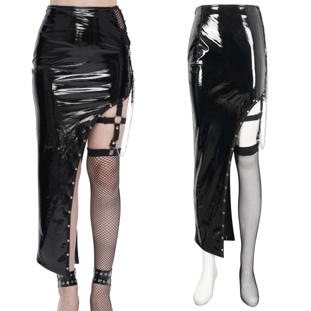 Devil Fashion Gothic skirt made of sinful vinyl (SKT178) mini on one side, maxi on the other, slim cut with mesh insert, leg holster and lots of studs and eyelets