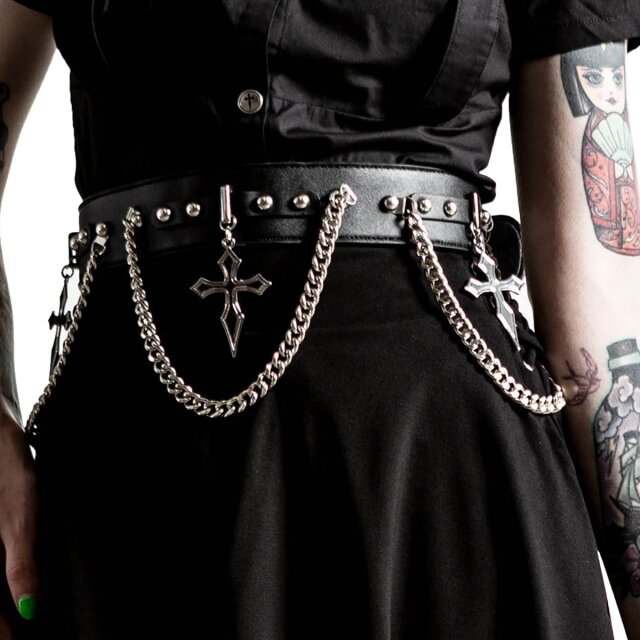 KILLSTAR Hope To Die Cross Belt - solid double-layered gothic belt with rivets and cross pendants as well as chains arranged in a bow shape