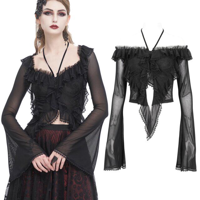 Kurzes Victorian Goth Shirt (ETT031) von Eva Lady aus semi-transparentem Mesh mit langen zipfeligen Rüschen mit Spitzenborte, langen ausgestellten Ärmeln, großem Ausschnitt mit Neckholder und Schnürung im Rücken