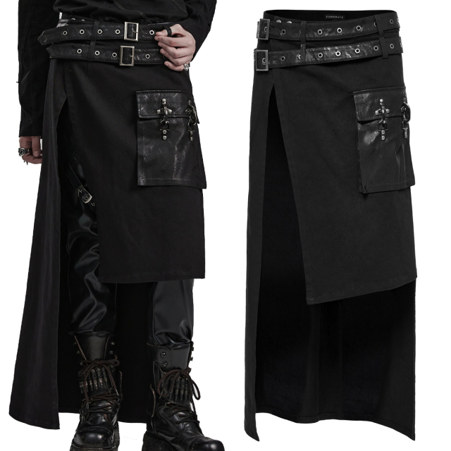 Black PUNK RAVE gothic halfskirt (WQ-677BK) with large cargo pocket and asymmetric cut for a bold fantasy or post-apocalypse look