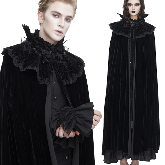 Long unisex Devil Fashion Gothic velvet cape (CA040) with a narrow shoulder cape, stand-up collar and opulent flower and feather embellishment for a sensual, seductive dark romantic style.