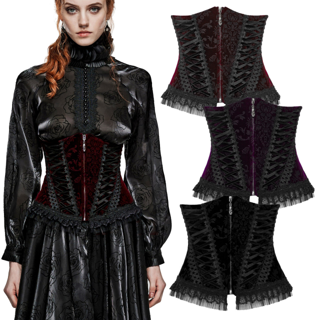 Punk Rave underbust corsage (DS-564 BK-RD BK BK-VI) made of baroque patterned velvet with frills, decorative lacing and zip fastening at the front and corset lacing at the back. Available in three colour variations.