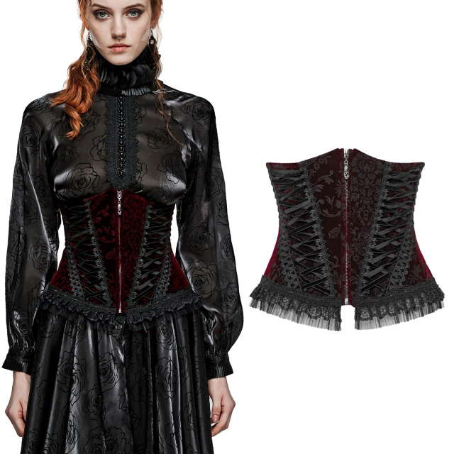 Punk Rave underbust corsage (DS-564 BK-RD BK BK-VI) made of baroque patterned velvet with frills, decorative lacing and zip fastening at the front and corset lacing at the back. Available in three colour variations.