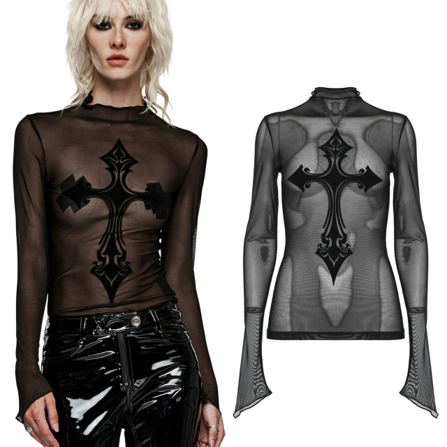 PUNK RAVE Gothic long-sleeved shirt (WT-828BK) made of transparent mesh with a large flocked Gothic cross on the chest